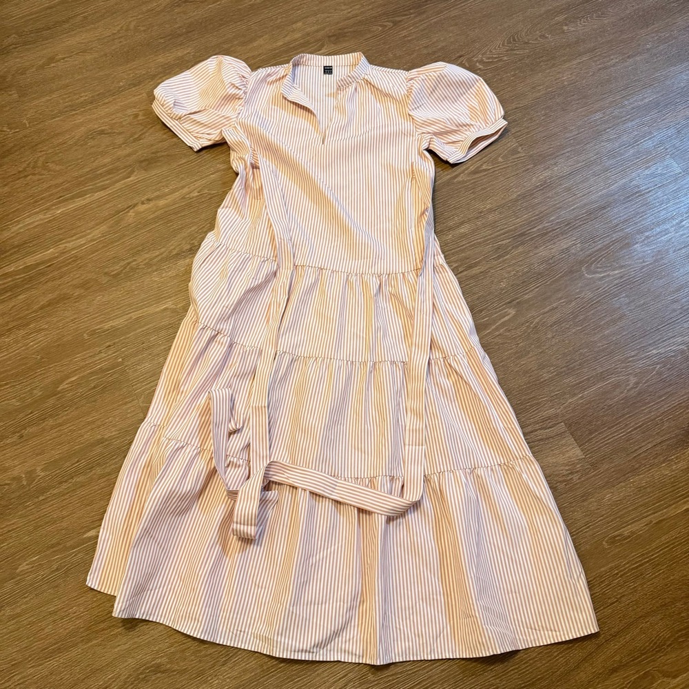 SHEIN Pink‎ White Striped Puff Sleeve Tiered Midi Dress Casual Womens Medium